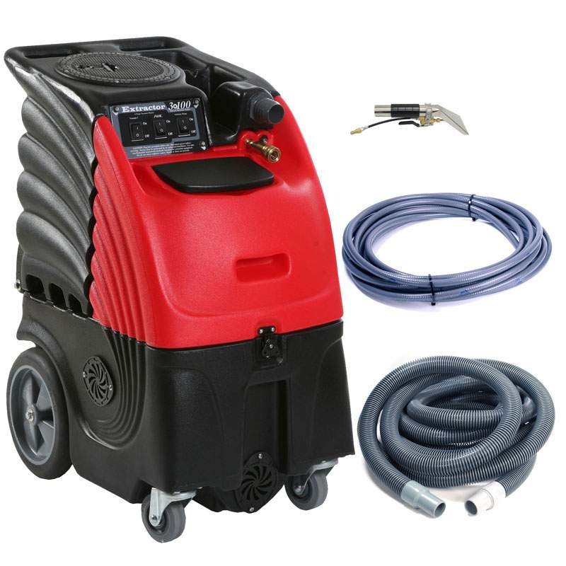 Sandia Sniper 6-Gallon Indy Automotive Extractor 100 PSI Front view with vacuum hose, solution hose, and hand detail tool
