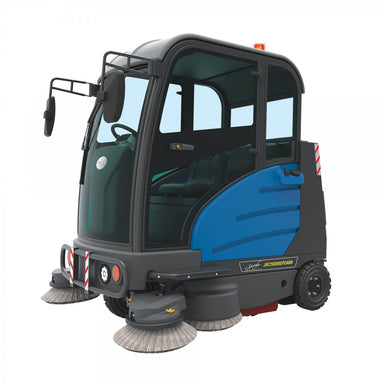 Full body view of Johnny Vac Industrial Ride-On Sweeper With Cabin JVC75SWEEPCABN on white background