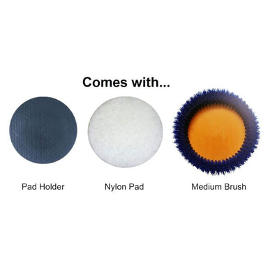 Pad holder, pad, and brush accessories for Bissell BGORB13-KIT1 13” Floor Machine on white background.