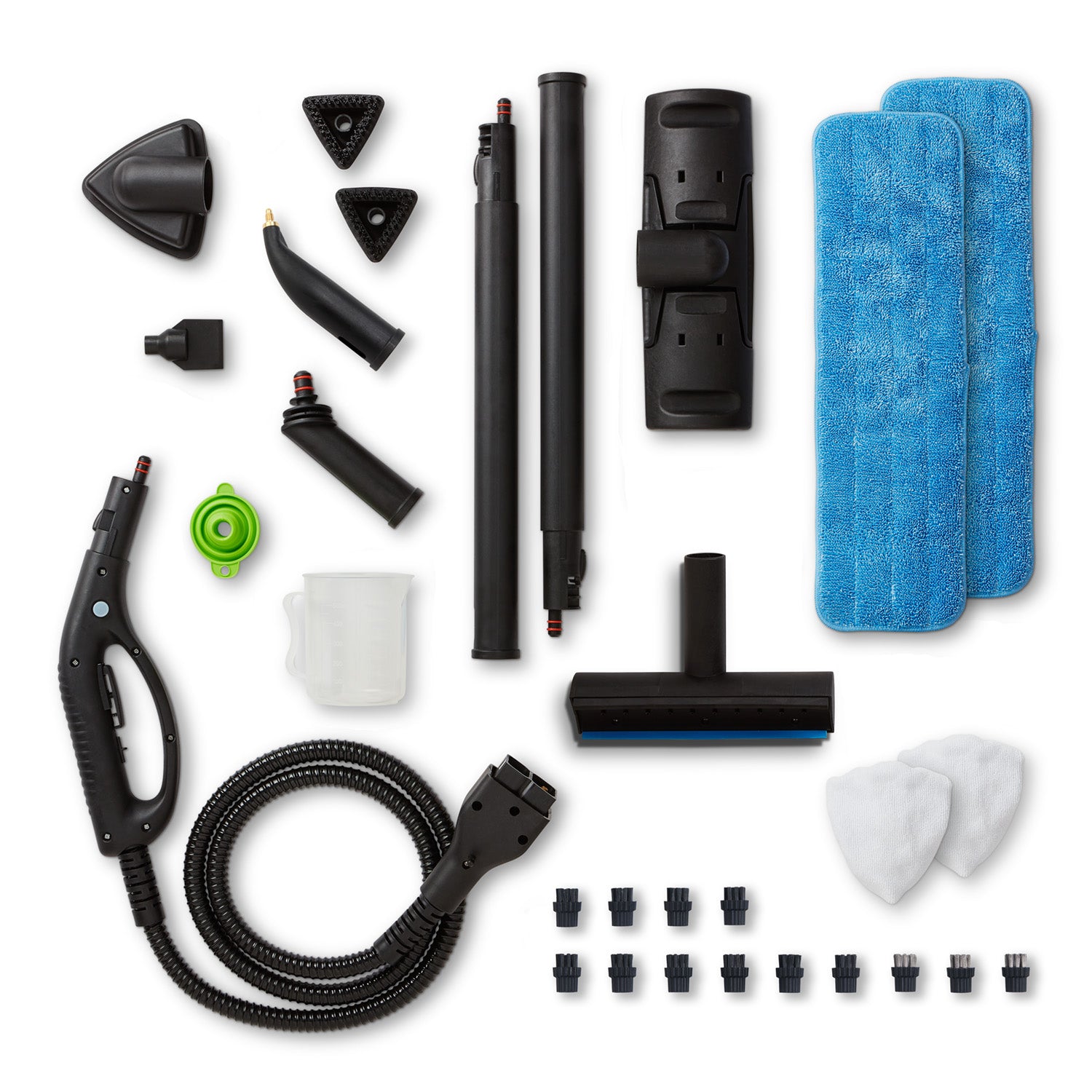 Collection of cleaning tools and attachments on a white background