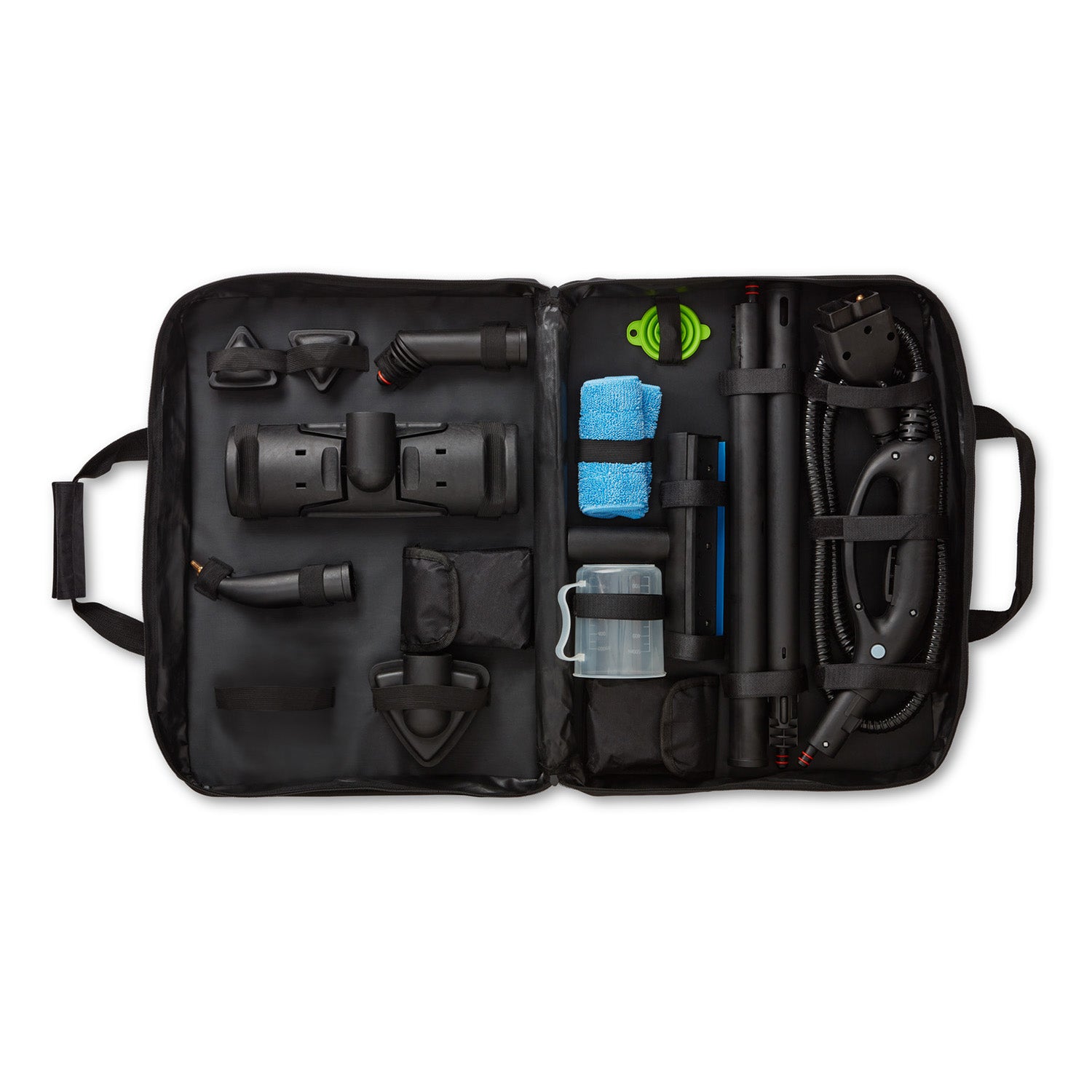 Black travel case with various compartments containing steam cleaning attachments equipment on a white background
