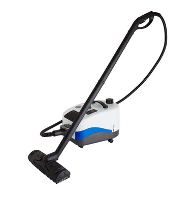White and blue steam cleaner with black hose on a white background