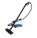 White and blue steam cleaner with black hose on a white background