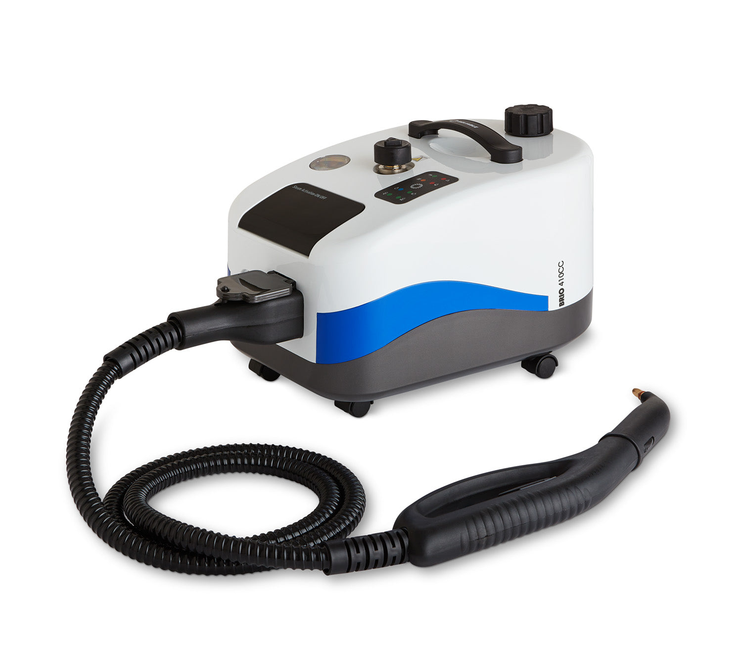 White and blue handheld steam cleaning device with black hose on a white background