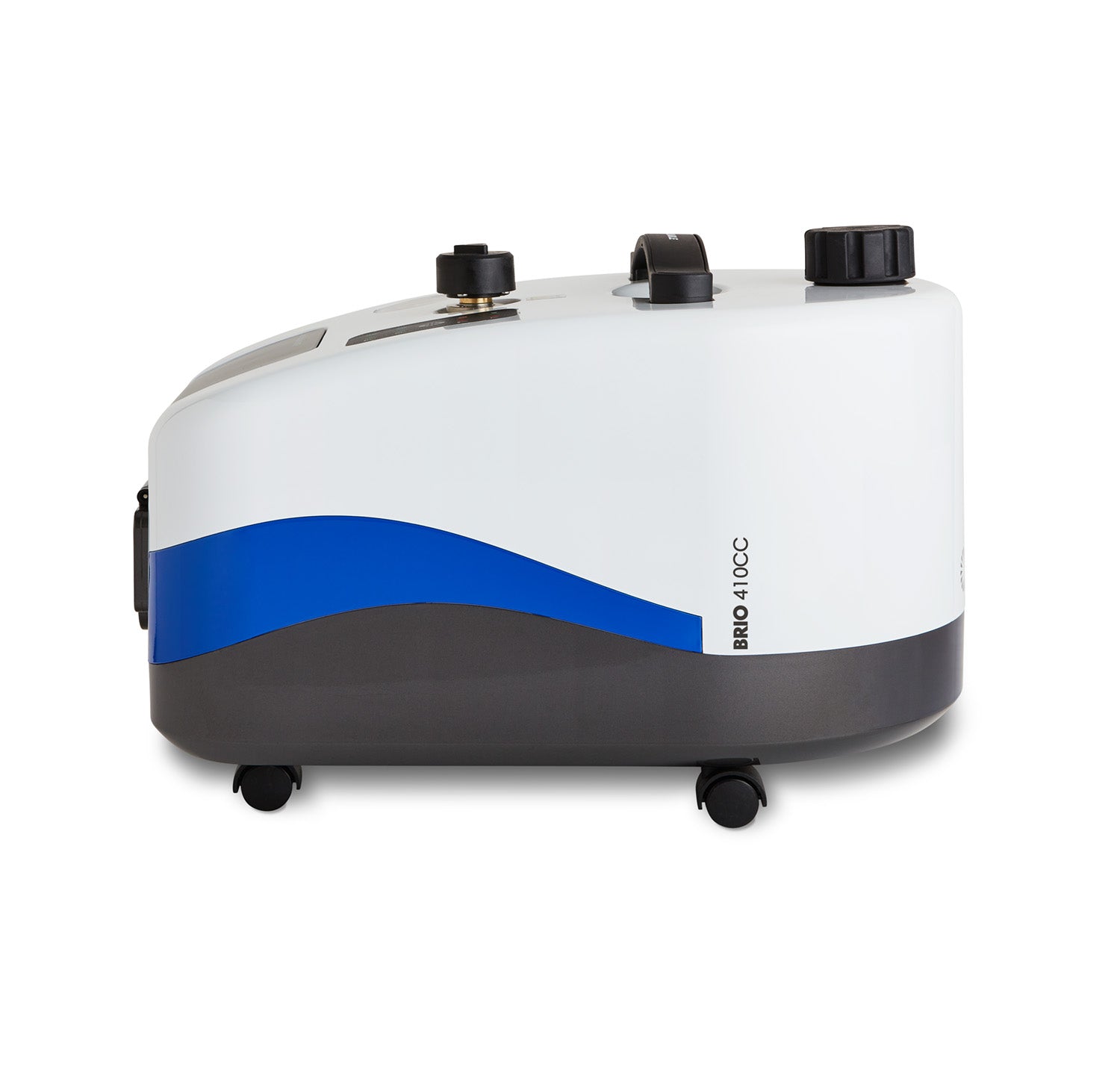 White and blue brio 410CC steam cleaning machine with black accents on a white background