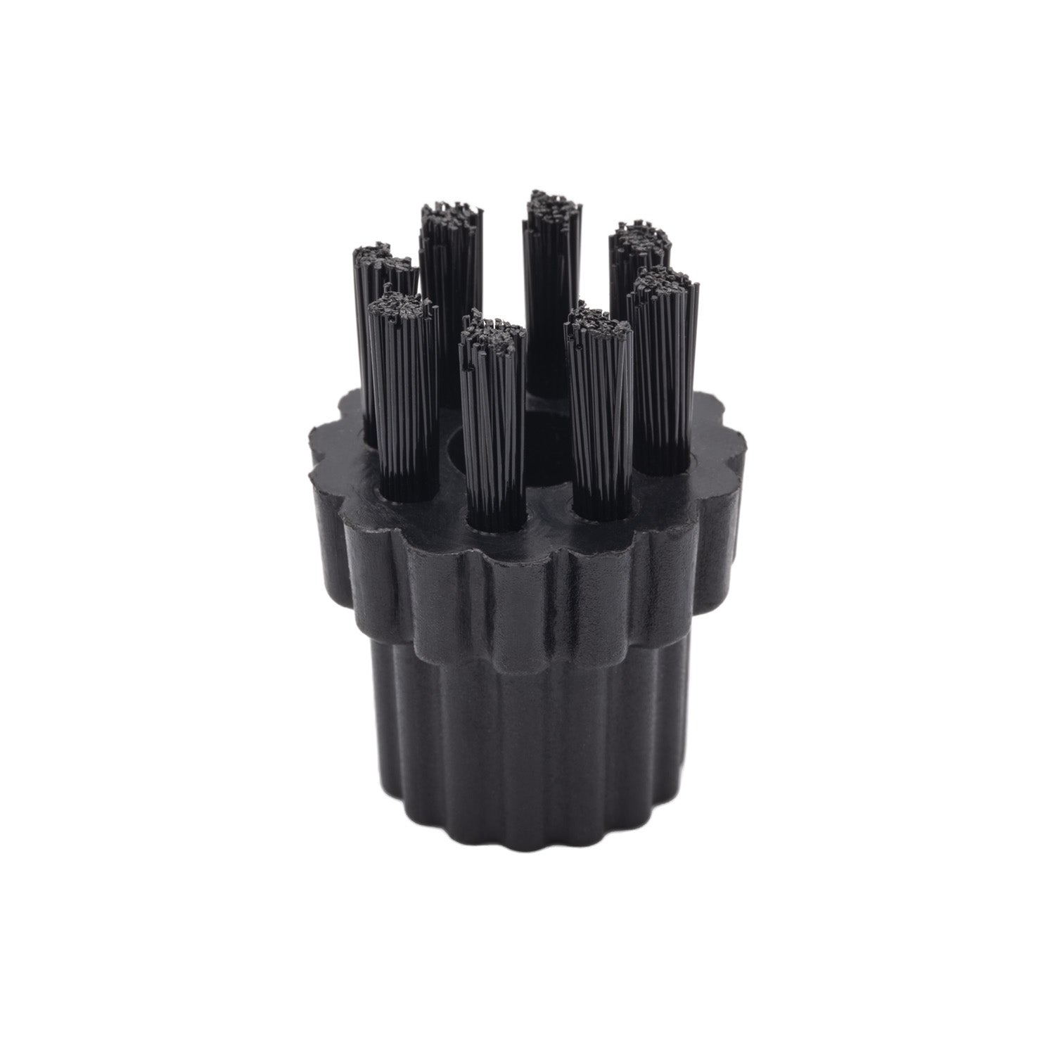 Black cylindrical brush head with multiple bristle attachments on a white background
