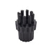 Black cylindrical brush head with multiple bristle attachments on a white background