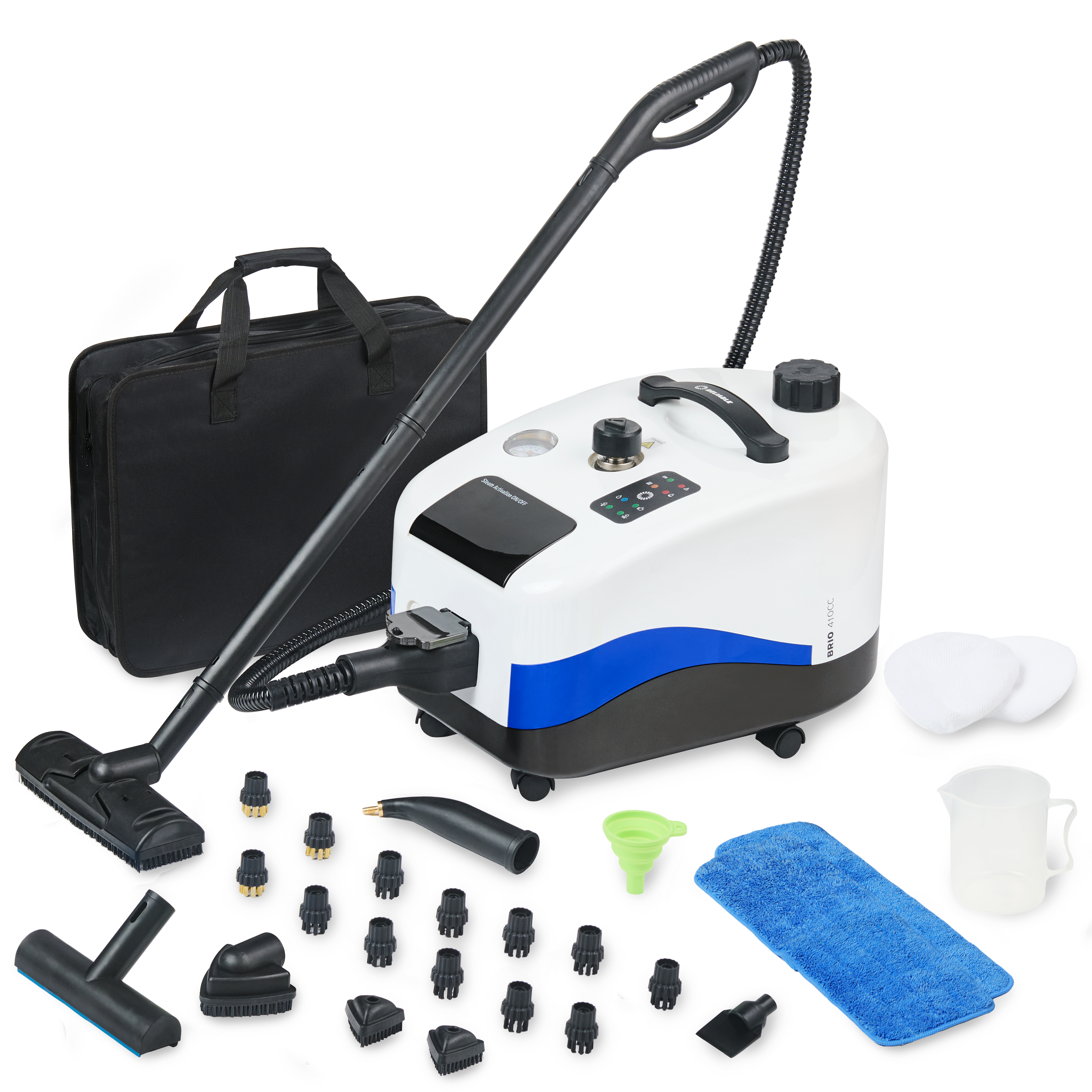 White and blue brio 410CC steam cleaner with various attachments on a white background