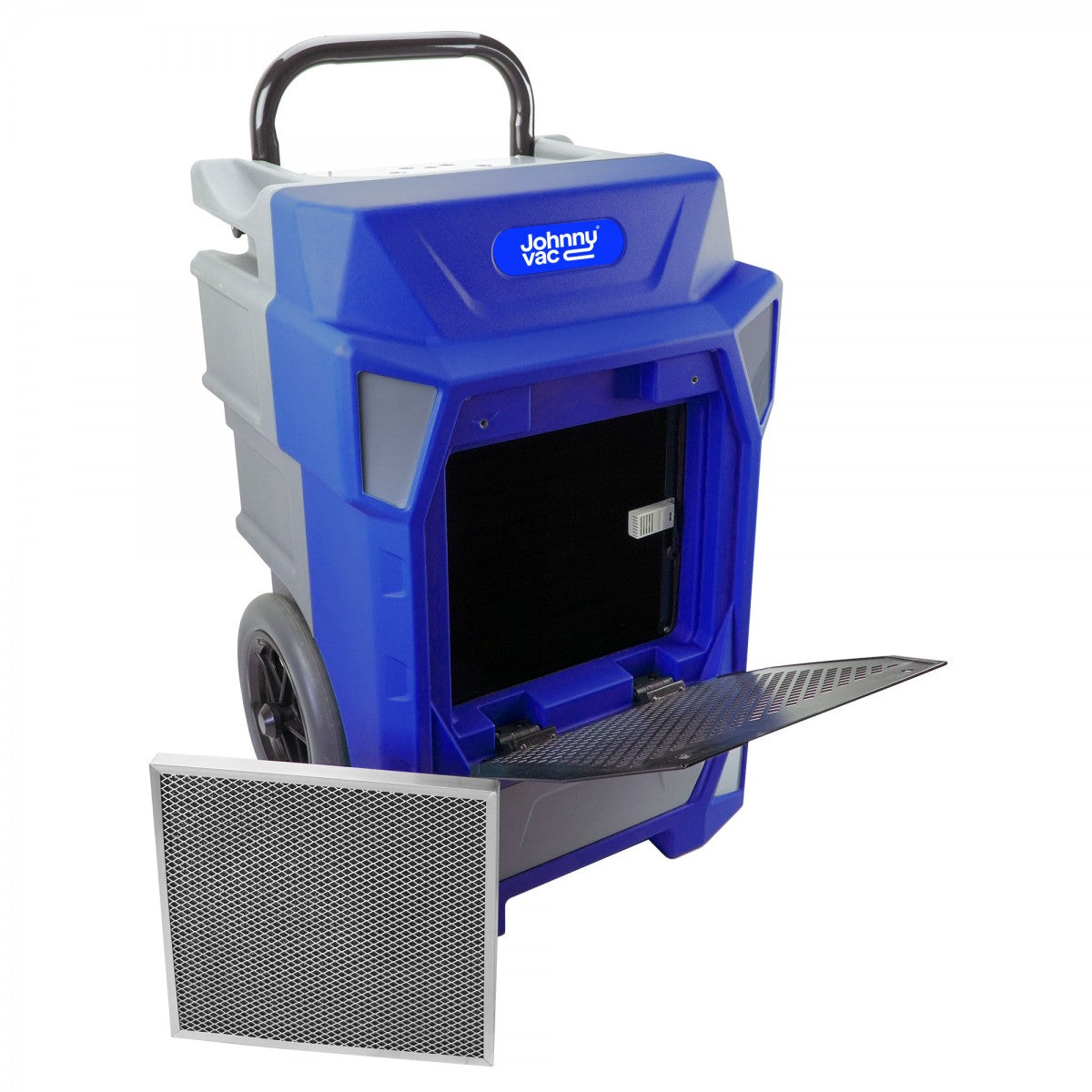 Front right angled view with filter open of Johnny Vac Commercial Dehumidifier JVDHUM190