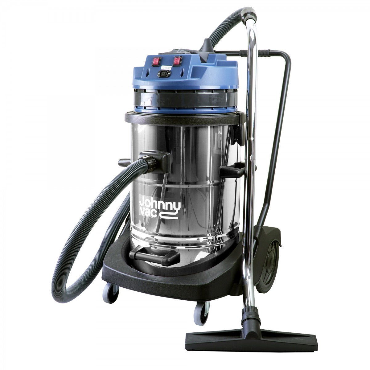 Full body view of Johnny Vac Ghibli Wet & Dry Vacuum JV420M 20 Gal with brushes and accessories on white background