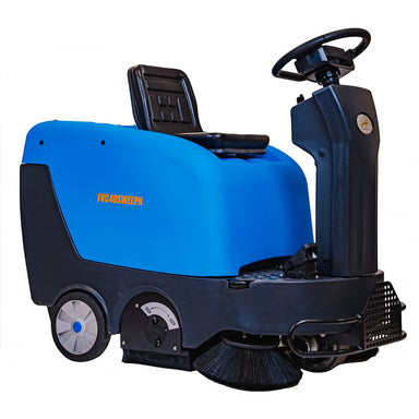 Full body view of Johnny Vac Industrial Ride-On Sweeper Machine JVC40SWEEPN on the road