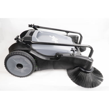 Full body view of Johnny Vac Manual Floor Sweeper JV320 with handle downward on white background