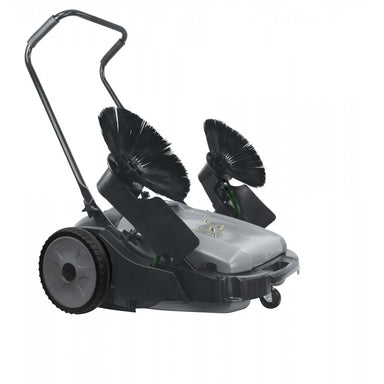 Full body view of Johnny Vac Manual Floor Sweeper JV320 with handle upward on white background