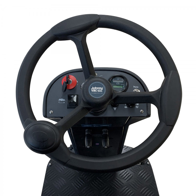  Close-up of the steering wheel on the Johnny Vac Rider Scrubber 22".