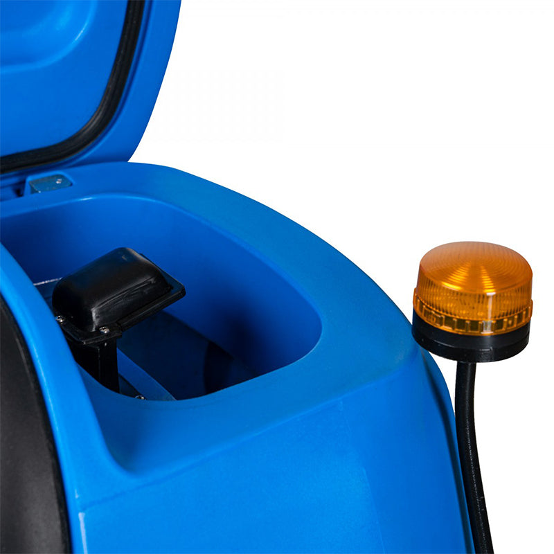 Close-up view of the top safety compartment and light switch on the Johnny Vac Rider Scrubber 22"