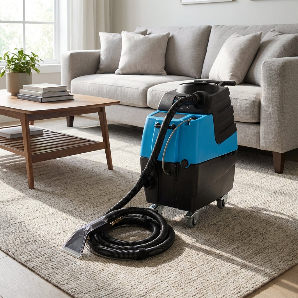 Mytee HP90 Stingray heated automotive detail extractor positioned in modern living room with soft lighting, emphasizing its compact design.