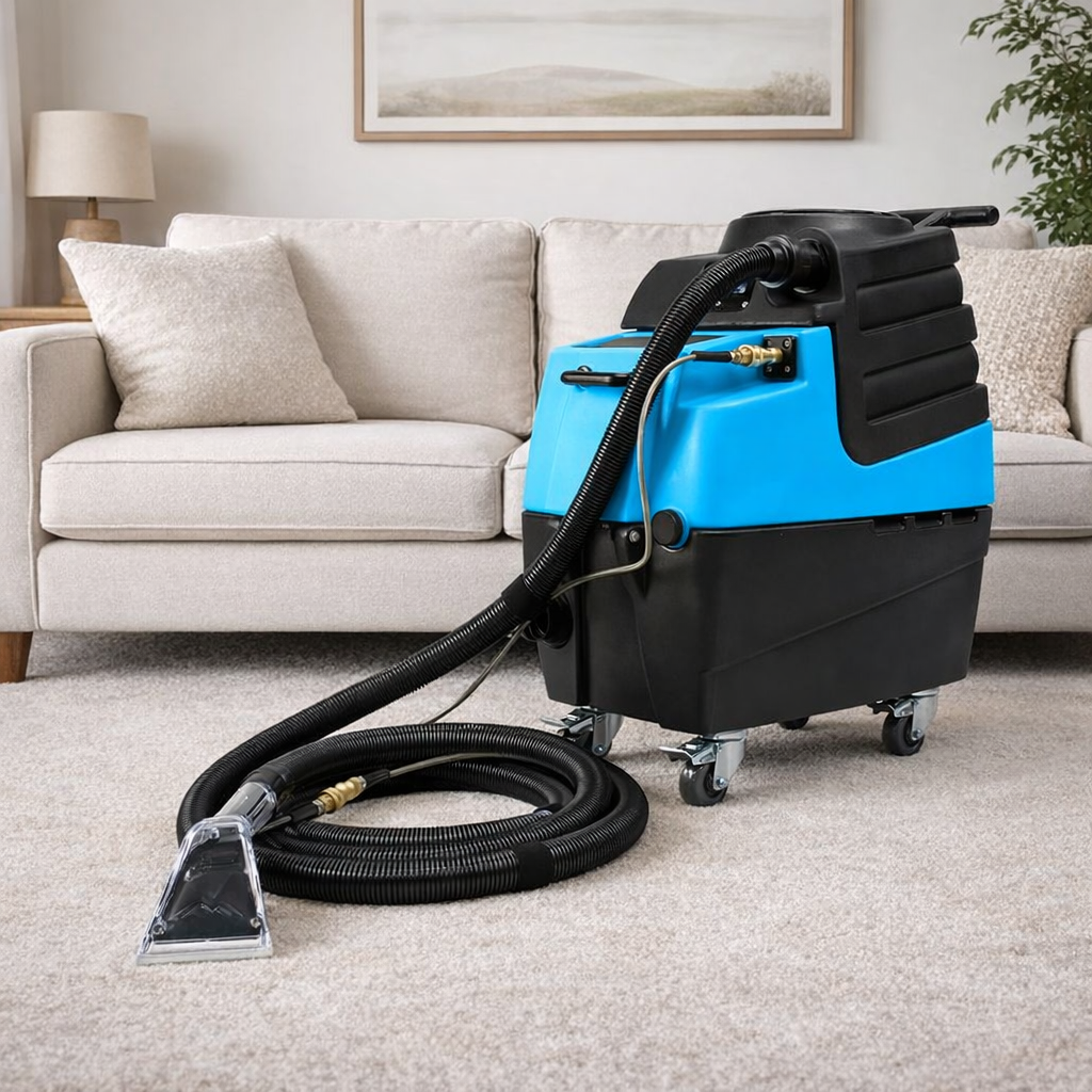 Blue and black carpet cleaning machine on a carpeted floor with a couch in the background.