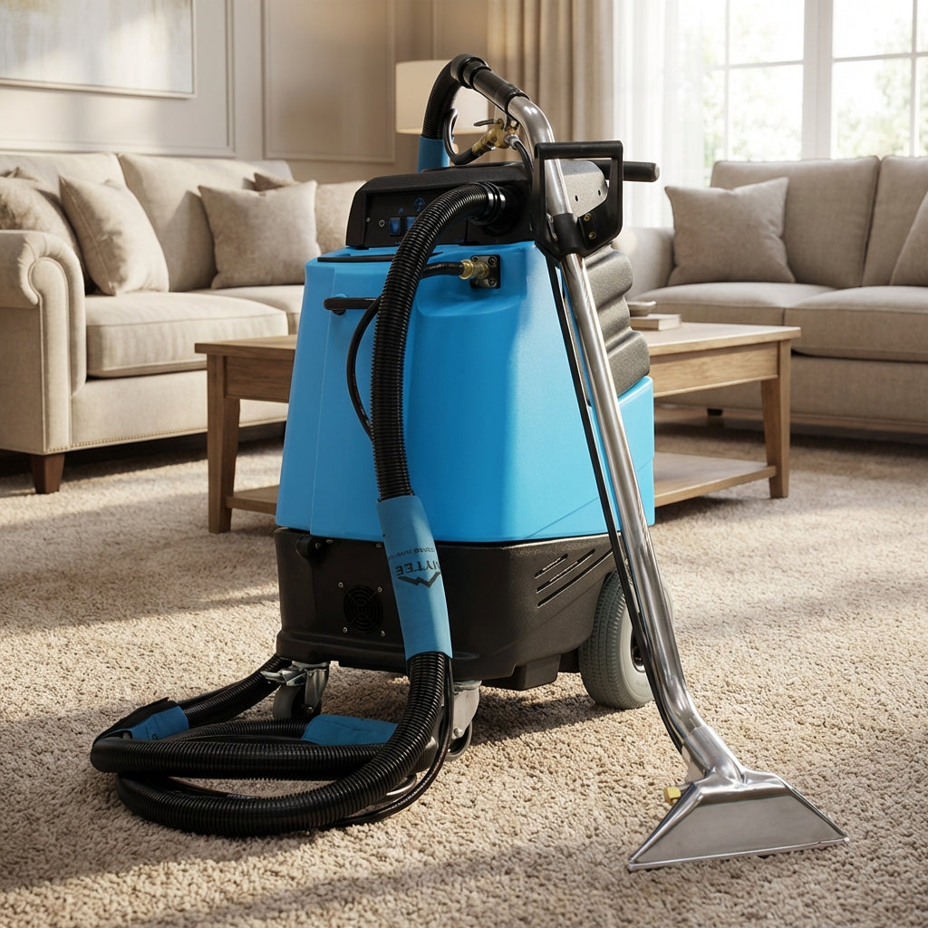 Detailed close-up of Mytee 2002CS heated carpet extractor on textured carpet in a warmly lit living room, highlighting durable materials and features.