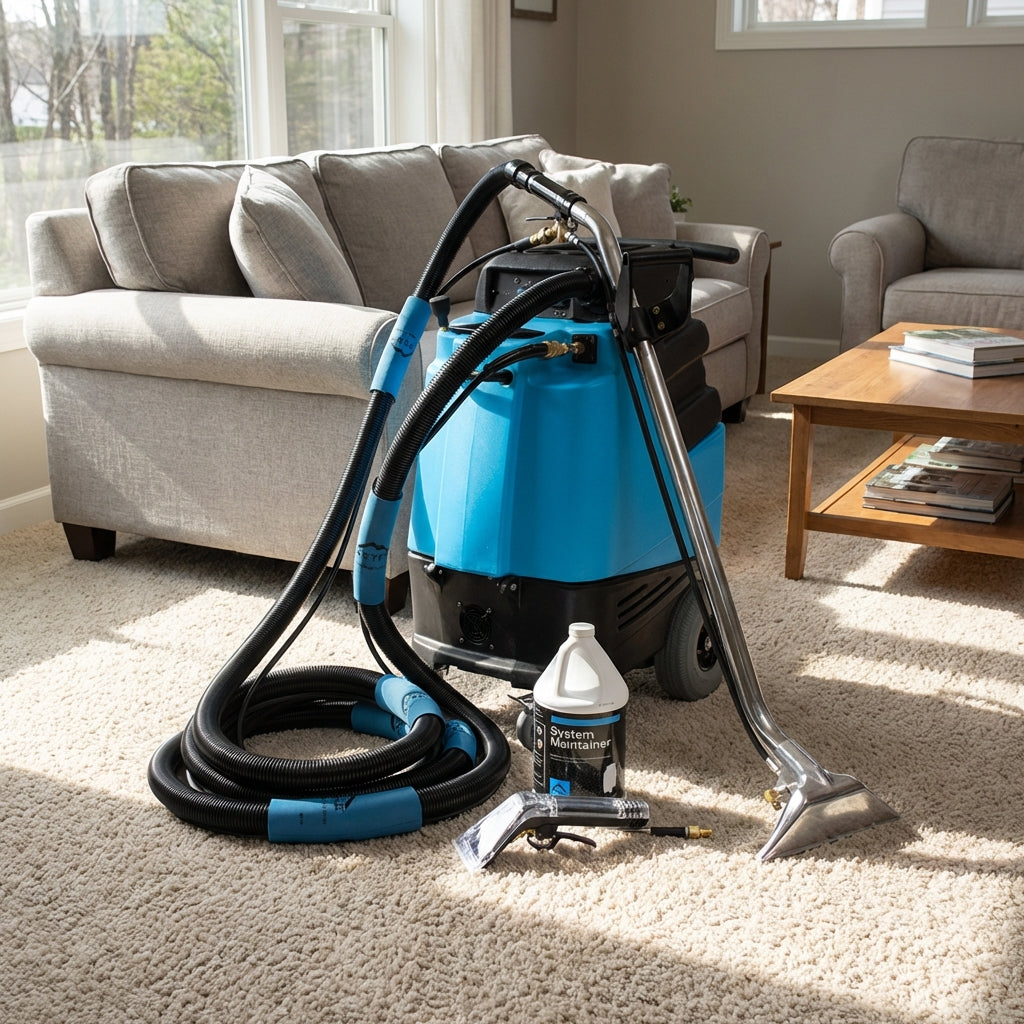 Full-room shot of living room with Mytee 220PSI extractor in front of stylish sofa, showcasing professional cleaning environment with natural light.