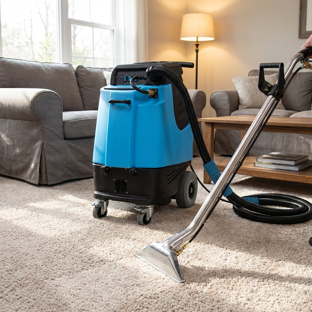 Mytee 2002CS heated carpet extractor showcased on plush carpet in a cozy living room with elegant furniture and warm lighting.