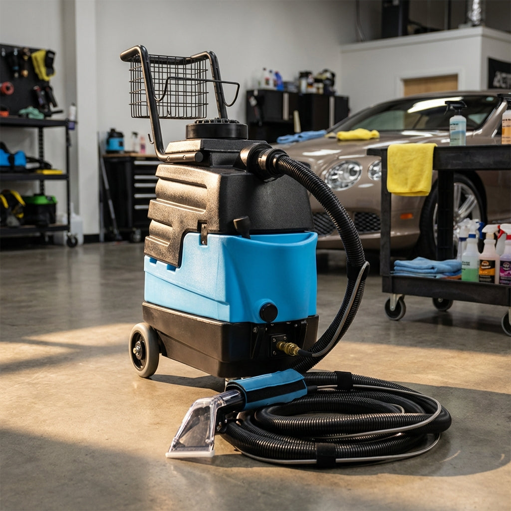 Close-up of the Mytee 8070 Lite™ Heated Detailing Extractor showcasing its sleek design and features in an automotive workshop.