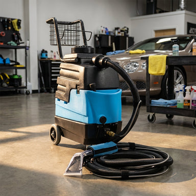 Close-up of the Mytee 8070 Lite™ Heated Detailing Extractor showcasing its sleek design and features in an automotive workshop.