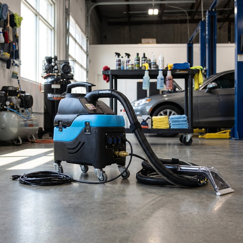 Full view of the Mytee S-300H Heated Detailing Extractor in auto detailing workshop showing portable design, transport handle, and surrounding tools.