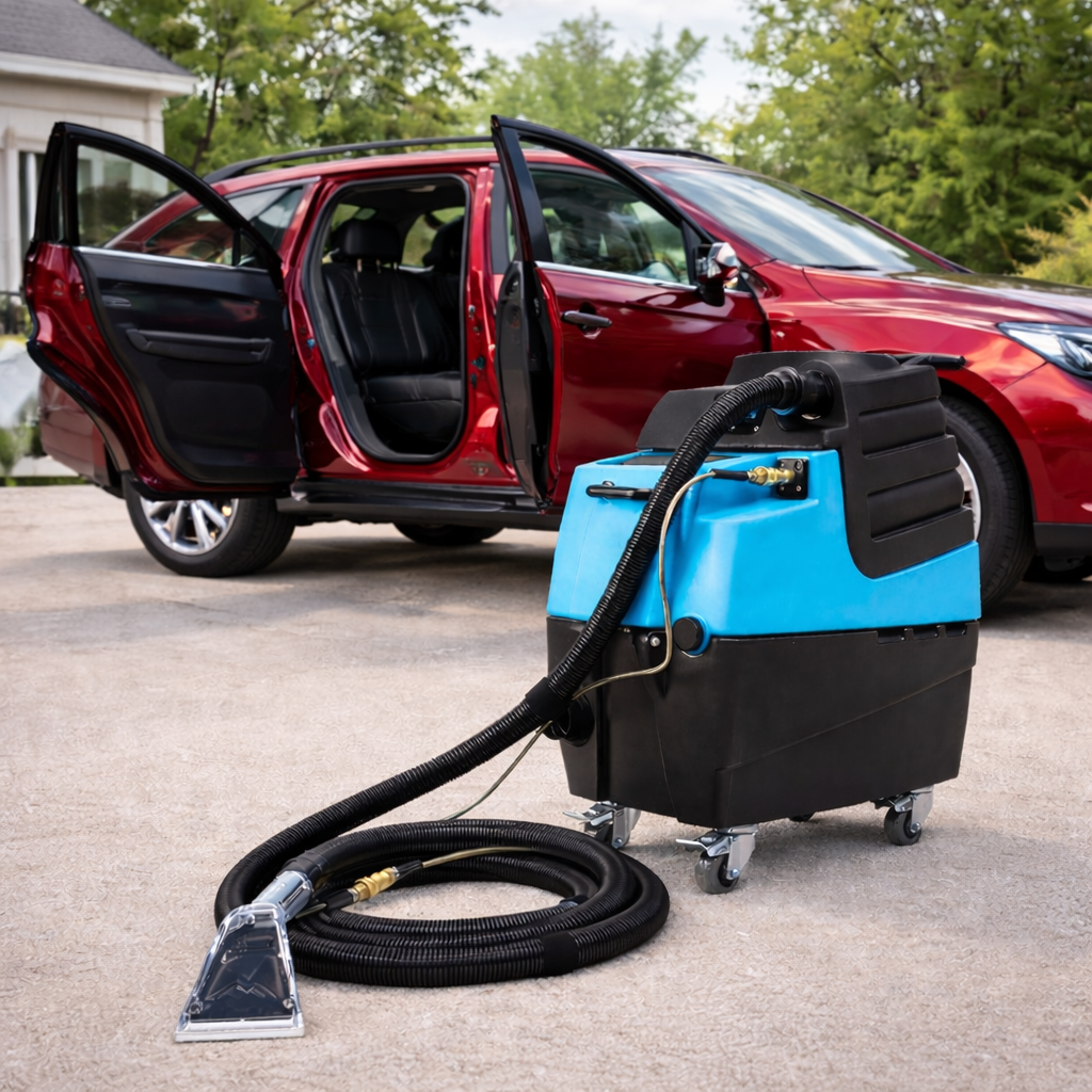 Car cleaning machine with a red car in the background