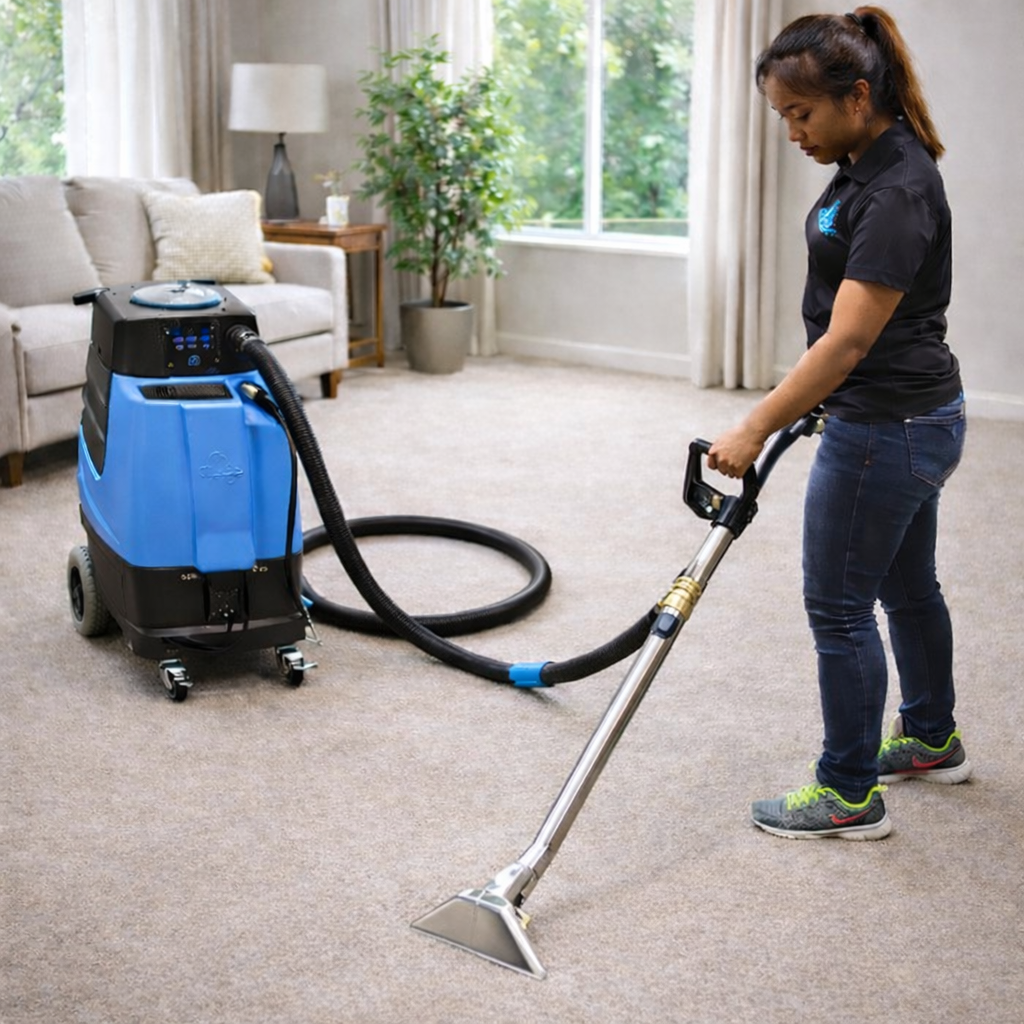 Person using a carpet cleaning machine in a living room